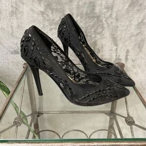 Atmosphere Bejeweled Pumps Women Size 9 Stiletto Black Lace 4"  Heel